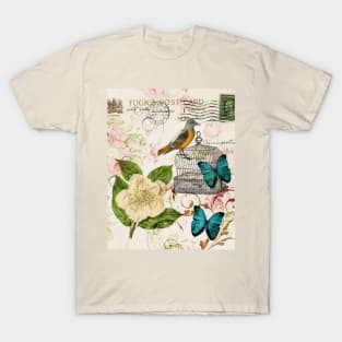 Shabby Chic spring butterfly french rose botanical floral T-Shirt